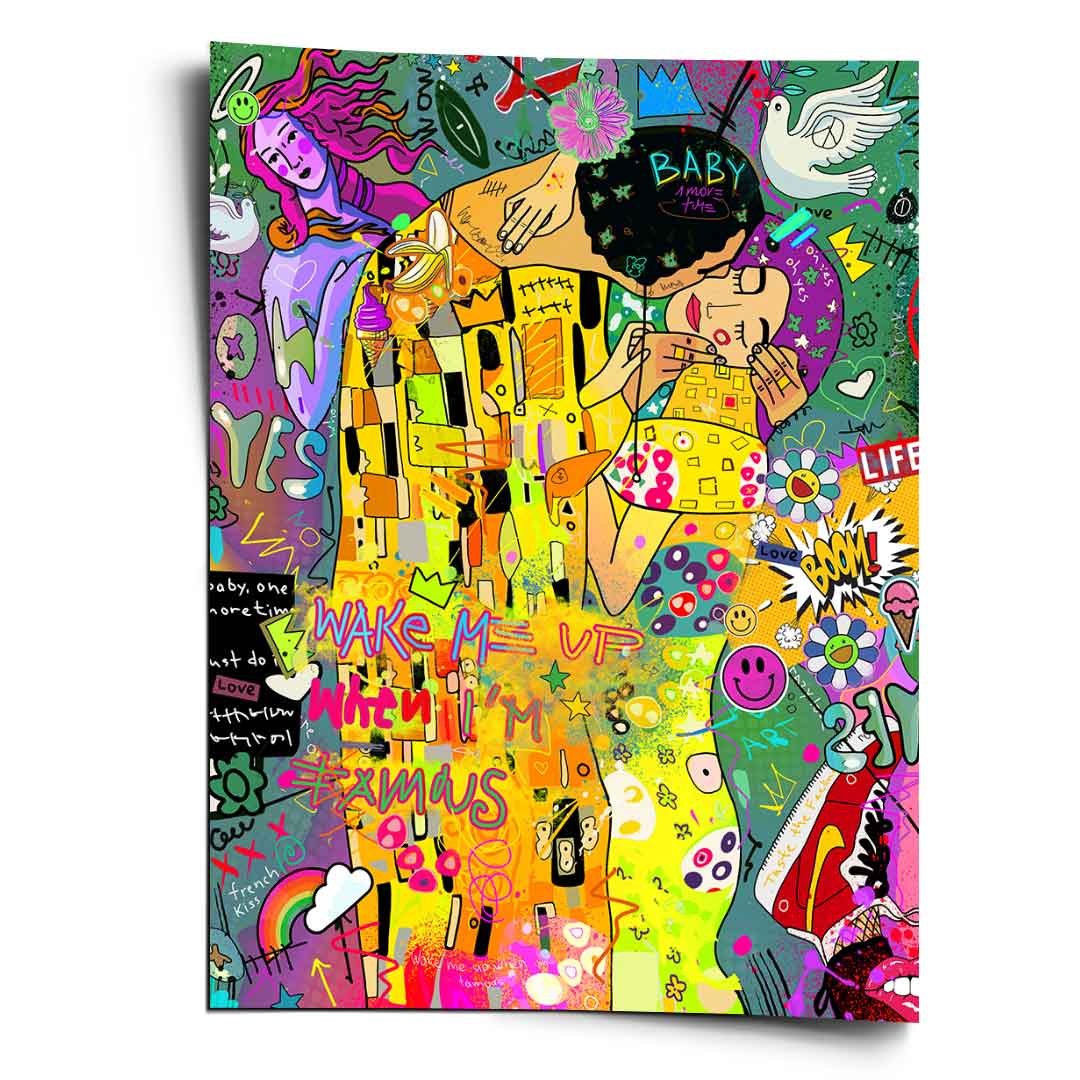 Bold Klimt-inspired couple embracing in graffiti-styled Pop Art with golds, yellows, and electric greens
