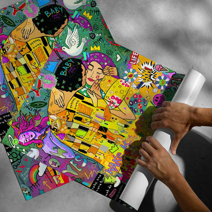 Energetic, busy composition with emojis and symbols in vibrant color palette