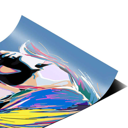 Stylized Kurt Cobain portrait featuring bright primary colors and bold pop-art aesthetics, suitable for a modern living room.
