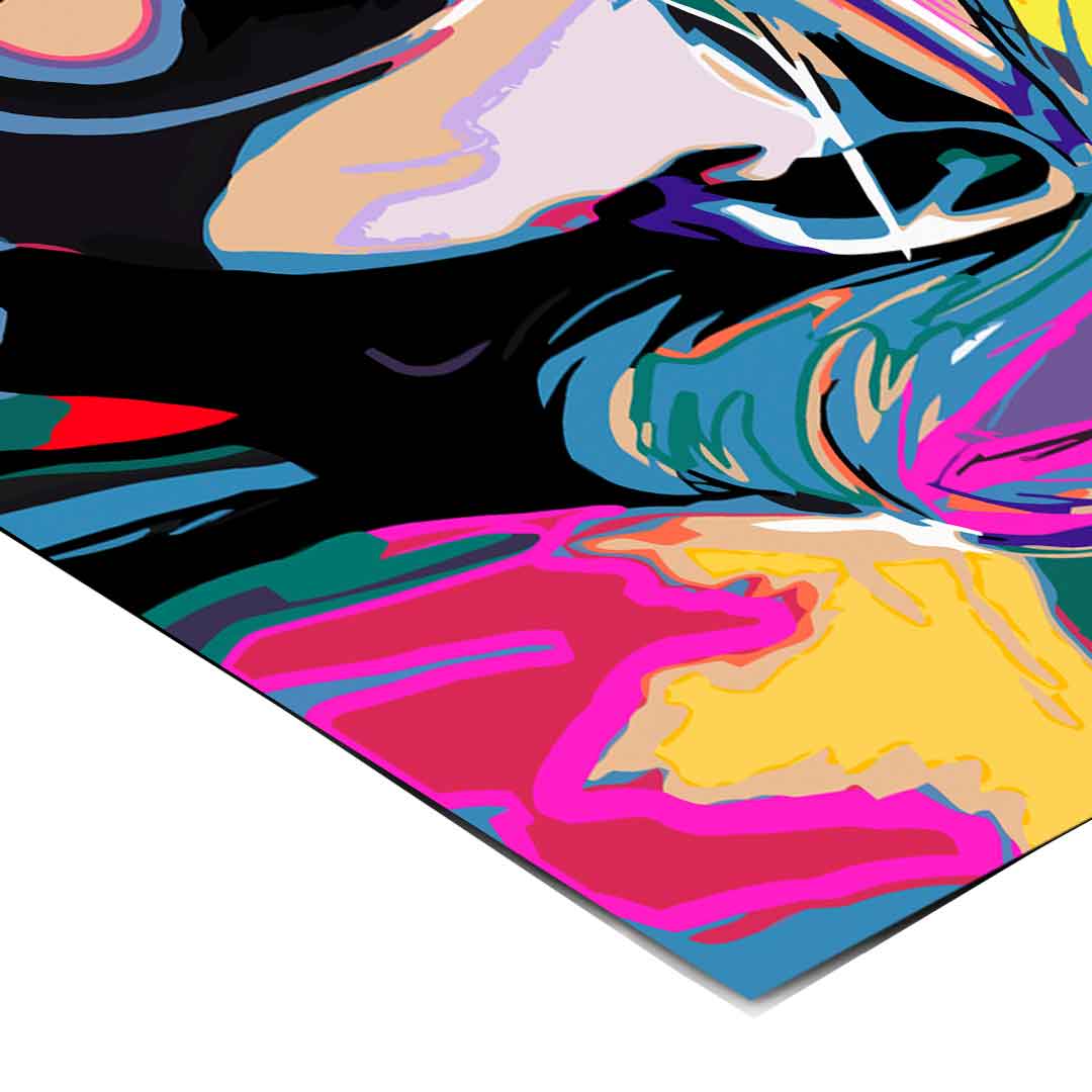 Energetic wall art depicting Cobain's iconic silhouette in bold color blocks for a contemporary mural-style poster.