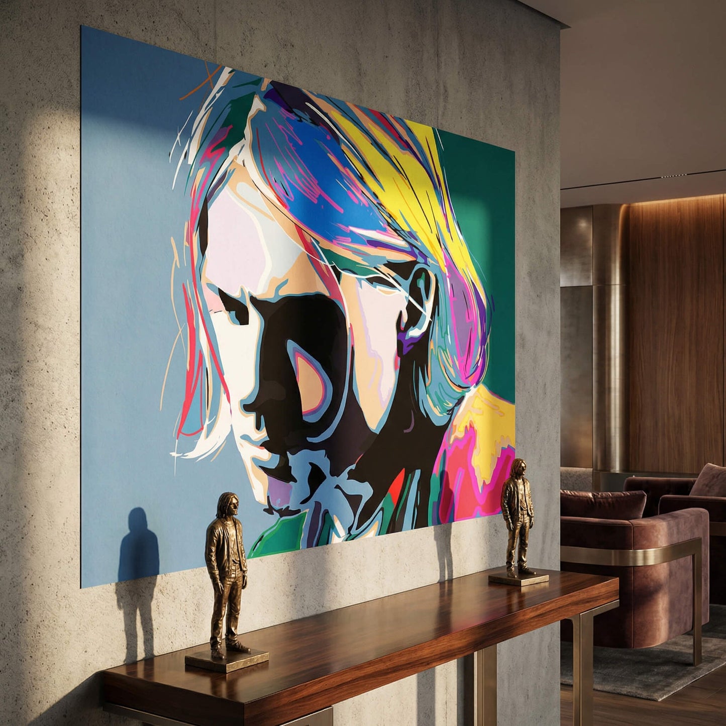 Close-up graphic print style of Cobain's face with a melancholic gaze in vivid color fields and high-contrast shapes.