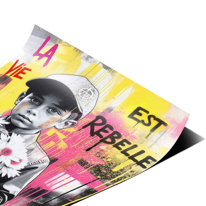 Bold graffiti style text Life Is Rebellious on a vibrant urban wall art poster
