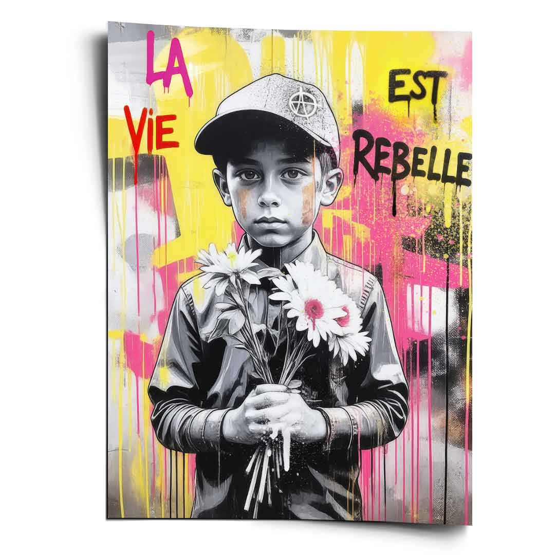 Life Is Rebellious poster featuring a grayscale boy holding daisies against a neon yellow and hot pink graffiti background