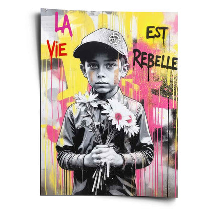 Life Is Rebellious poster featuring a grayscale boy holding daisies against a neon yellow and hot pink graffiti background