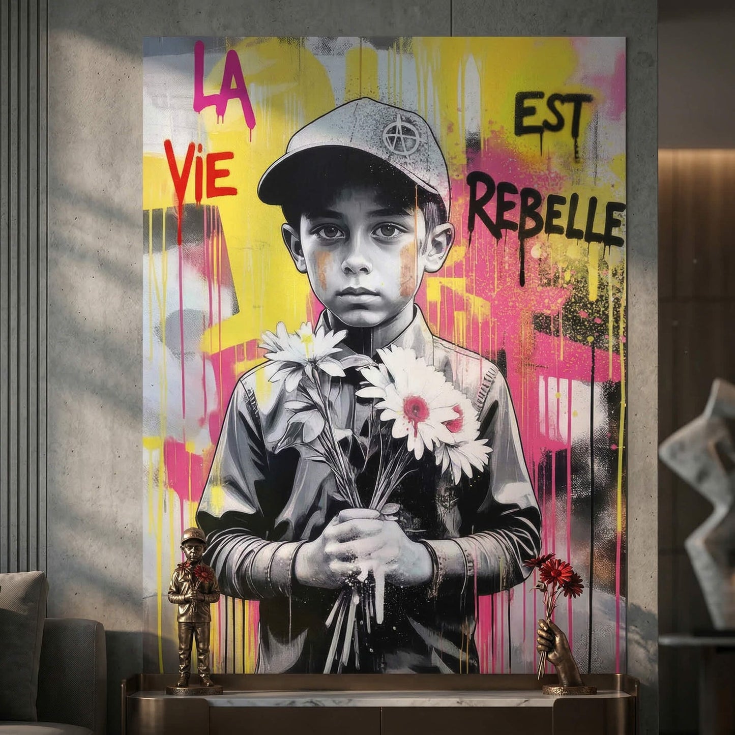 Grayscale portrait with a daisy bouquet and a cap emblem amid vivid street art colors