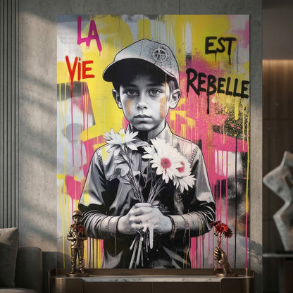 Grayscale portrait with a daisy bouquet and a cap emblem amid vivid street art colors