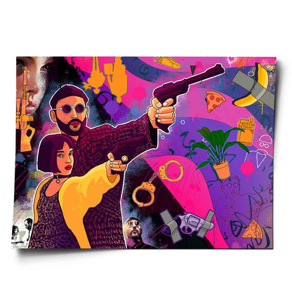 Vibrant Pop Art poster featuring Leon and Mathilda in a bold comic-book style with bright pinks, purples, blues, and oranges