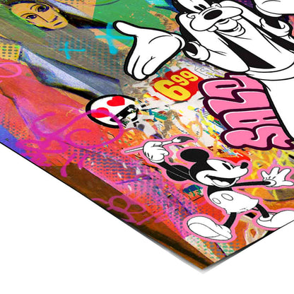 High-contrast saturated colors and fragmented shapes
