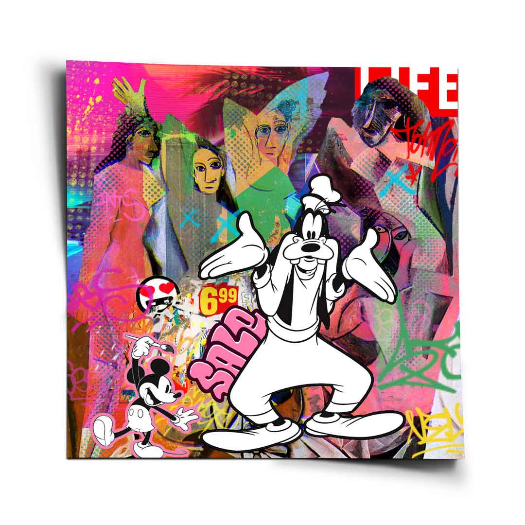 Vibrant cubist-inspired female figures in electric pinks, blues, and greens with graffiti tags