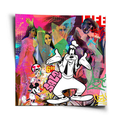 Vibrant cubist-inspired female figures in electric pinks, blues, and greens with graffiti tags