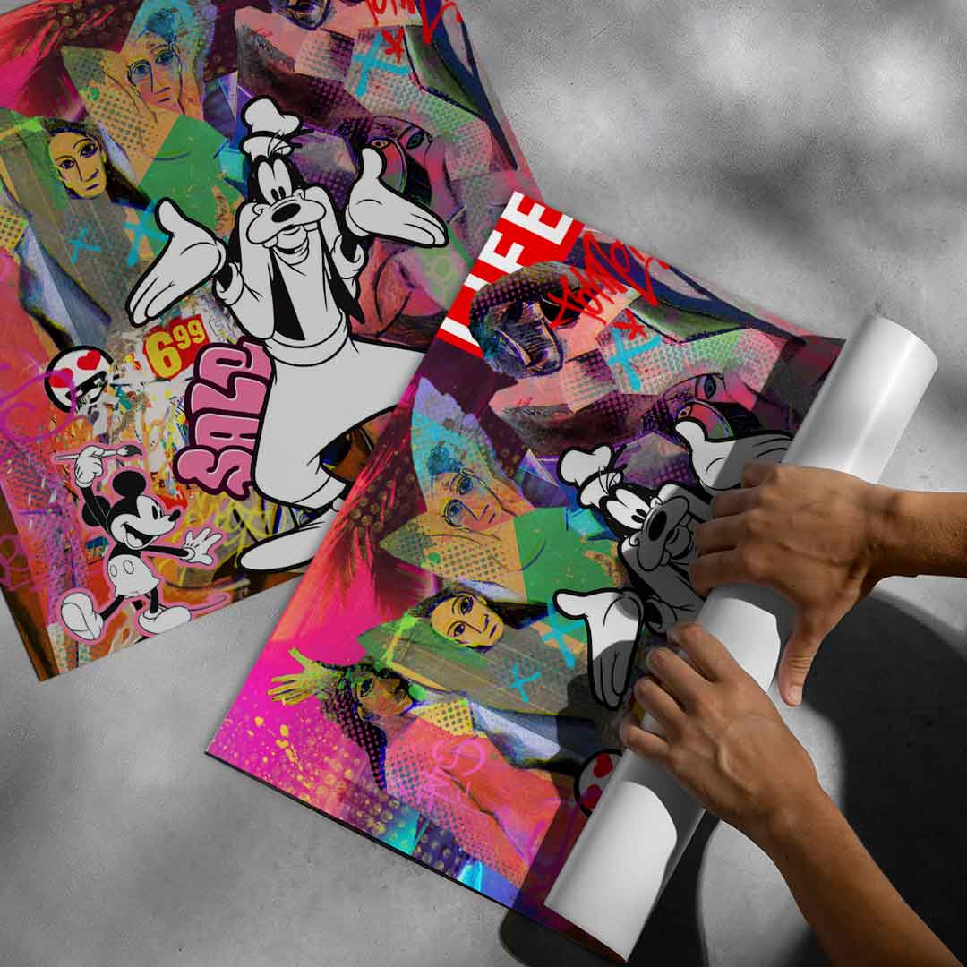 Blend of Cubism, Pop Art, and Street Art influences