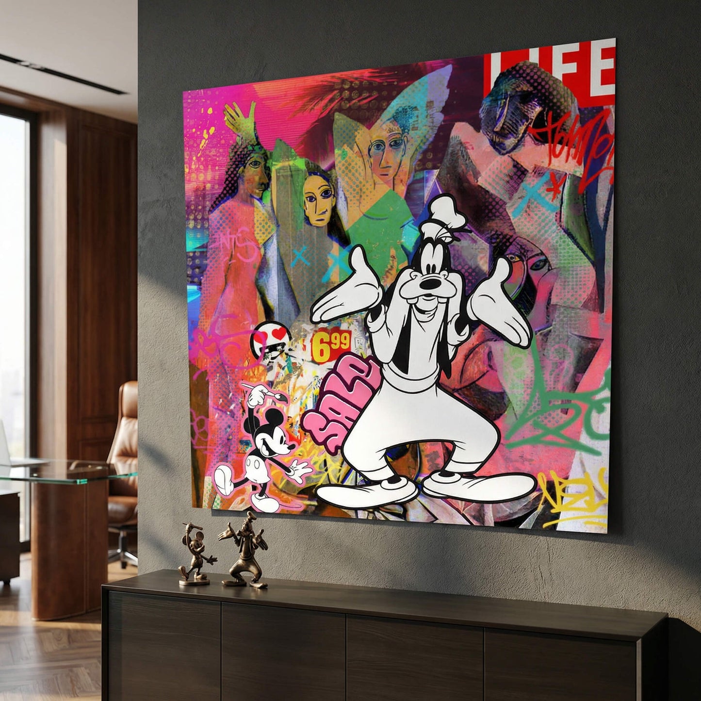 Foreground features Goofy and Mickey Mouse as playful cartoon icons