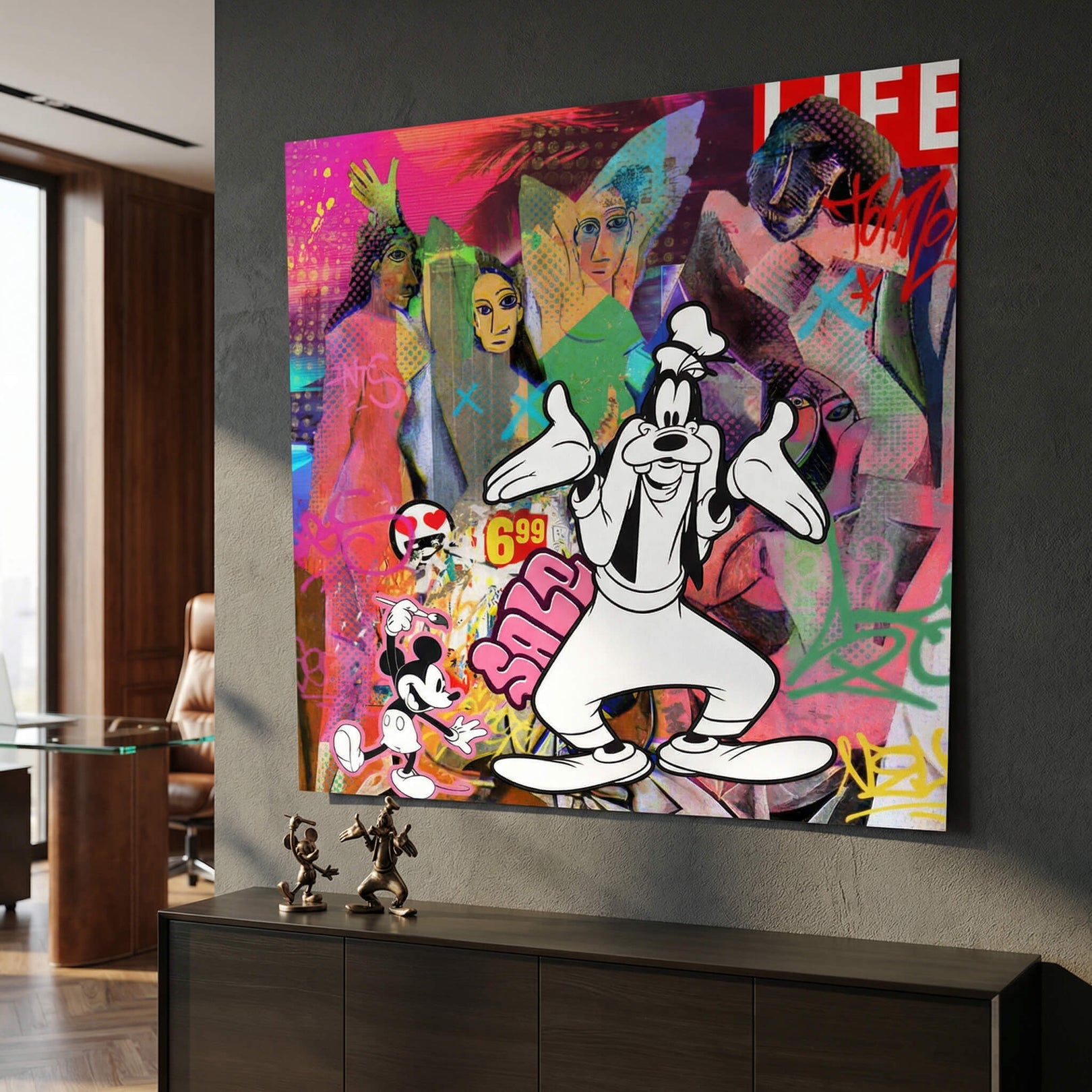 Foreground features Goofy and Mickey Mouse as playful cartoon icons