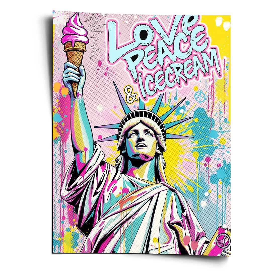 Liberty Ice Poster: Statue of Liberty holding a neon ice cream cone in bold pop art style