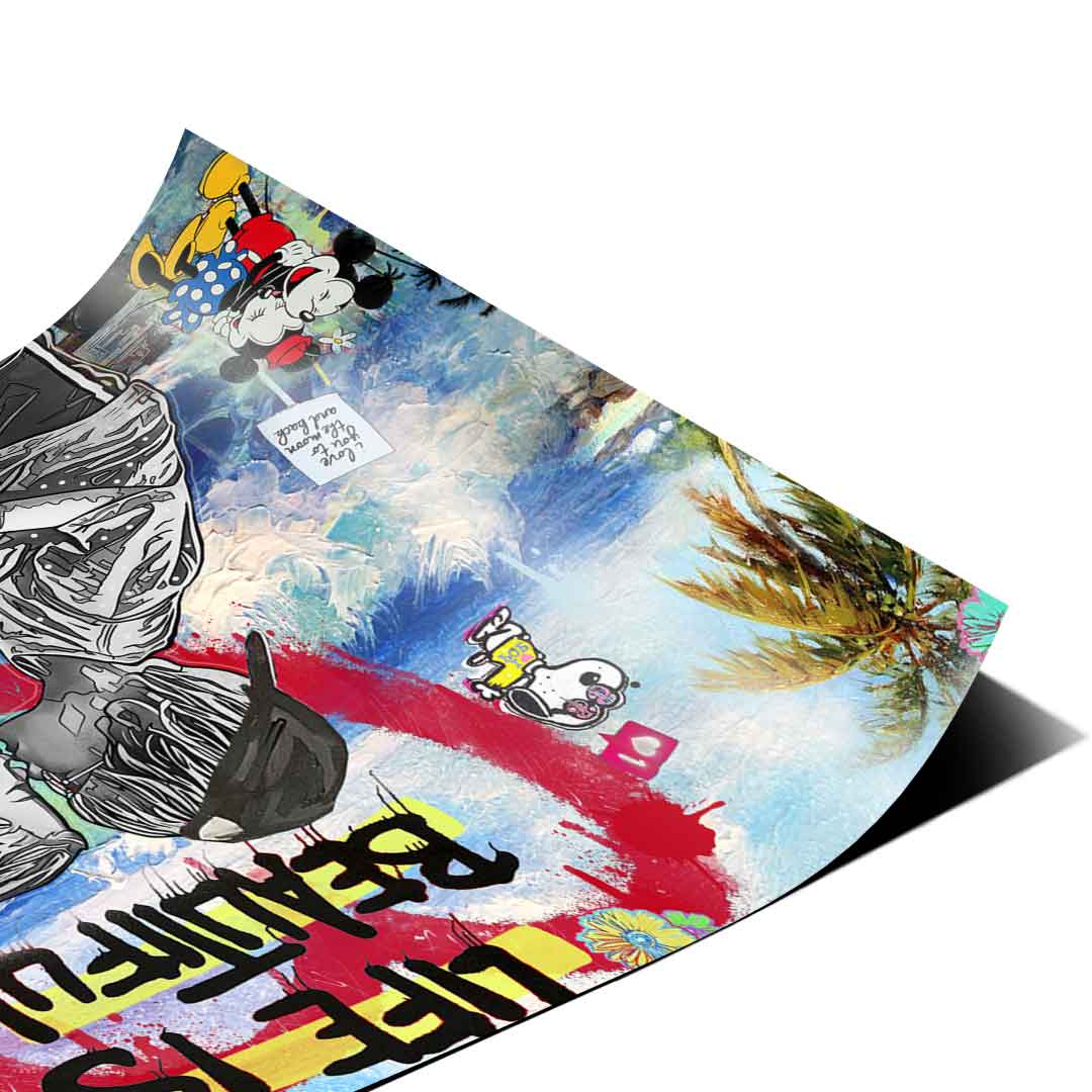 Vibrant blend of blues, yellows, reds, and greens in a pop-art street-art style