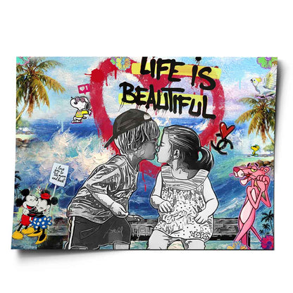 Grayscale sketch of two children kissing against a colorful tropical beach with palm trees and waves