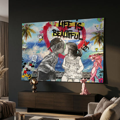 Bold LIFE IS BEAUTIFUL graffiti text with a large red heart across the upper portion