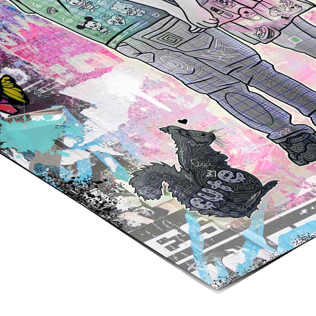 Distressed grayscale graffiti background accented with pink, teal, and yellow tones.