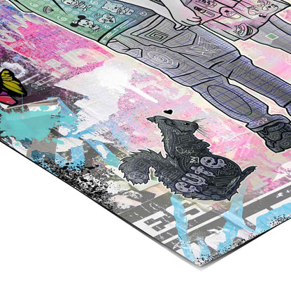 Distressed grayscale graffiti background accented with pink, teal, and yellow tones.