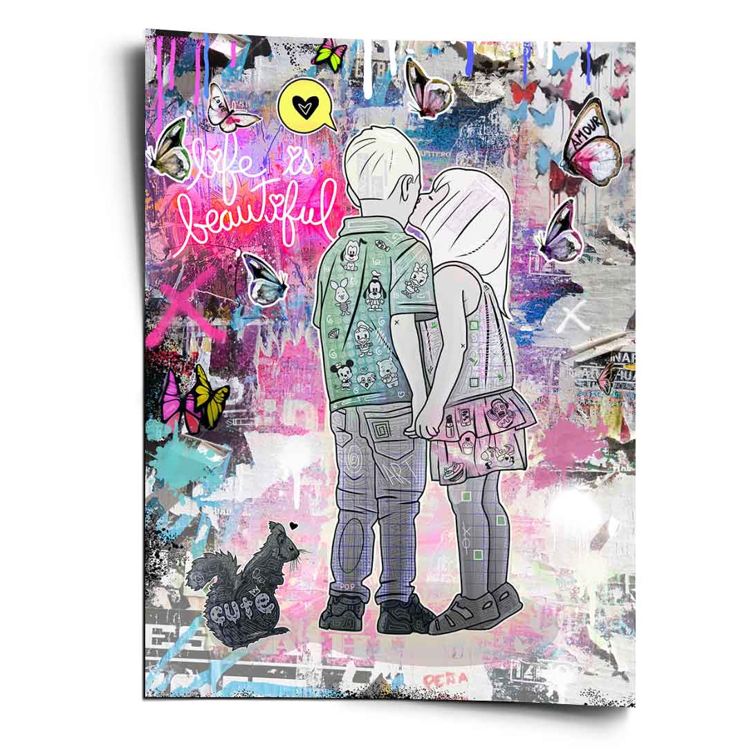 Two children sharing a tender moment in a vibrant urban graffiti poster with a Life Is Beautiful neon sign.