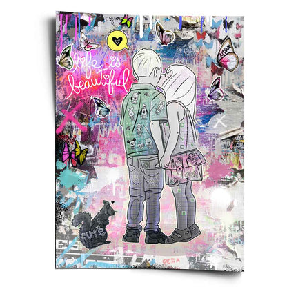 Two children sharing a tender moment in a vibrant urban graffiti poster with a Life Is Beautiful neon sign.