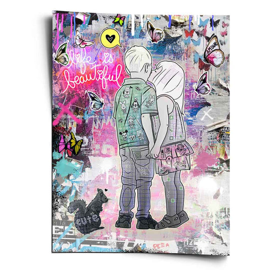 Two children sharing a tender moment in a vibrant urban graffiti poster with a Life Is Beautiful neon sign.