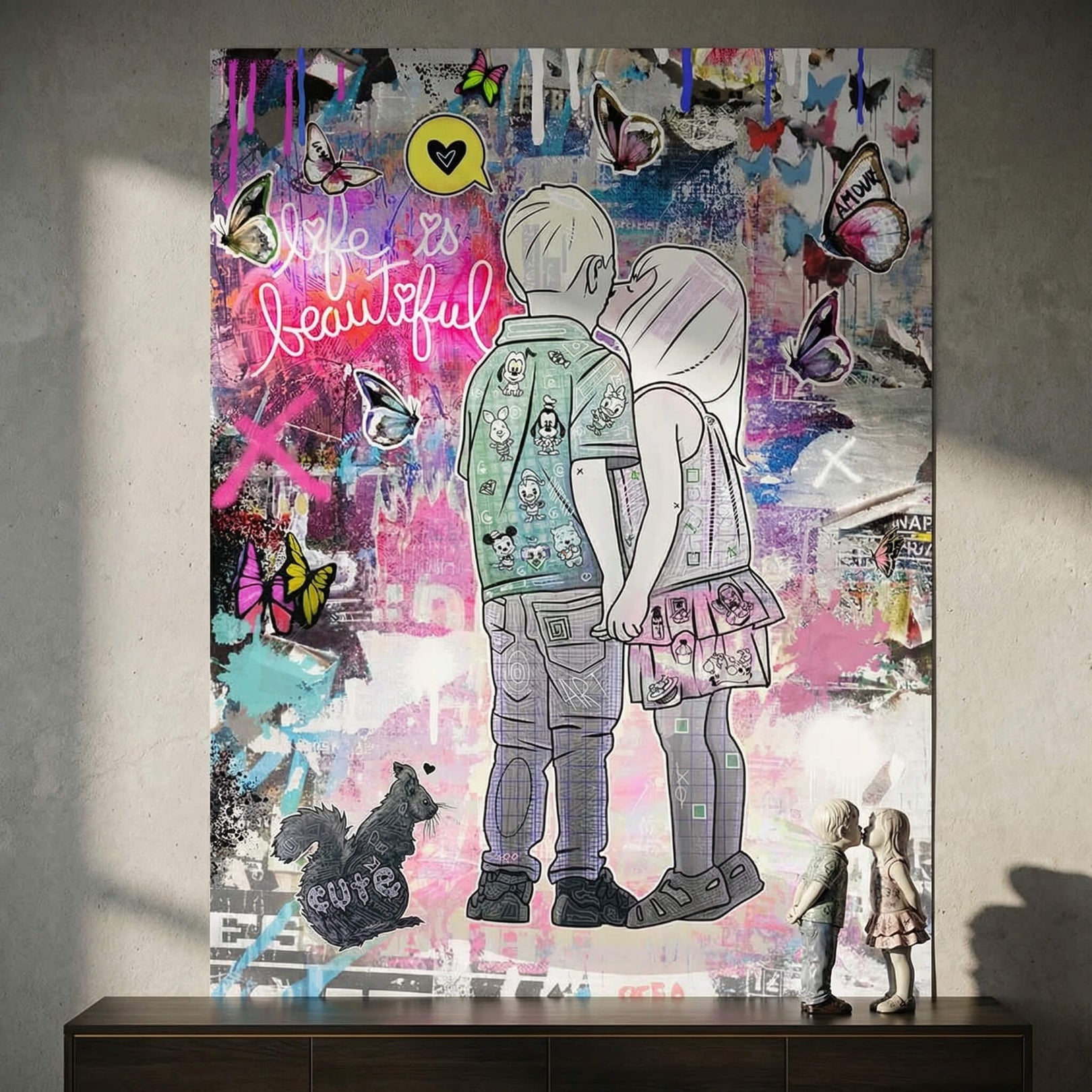Boy wearing a shirt with pop culture characters in a neon graffiti setting.