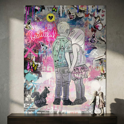 Boy wearing a shirt with pop culture characters in a neon graffiti setting.