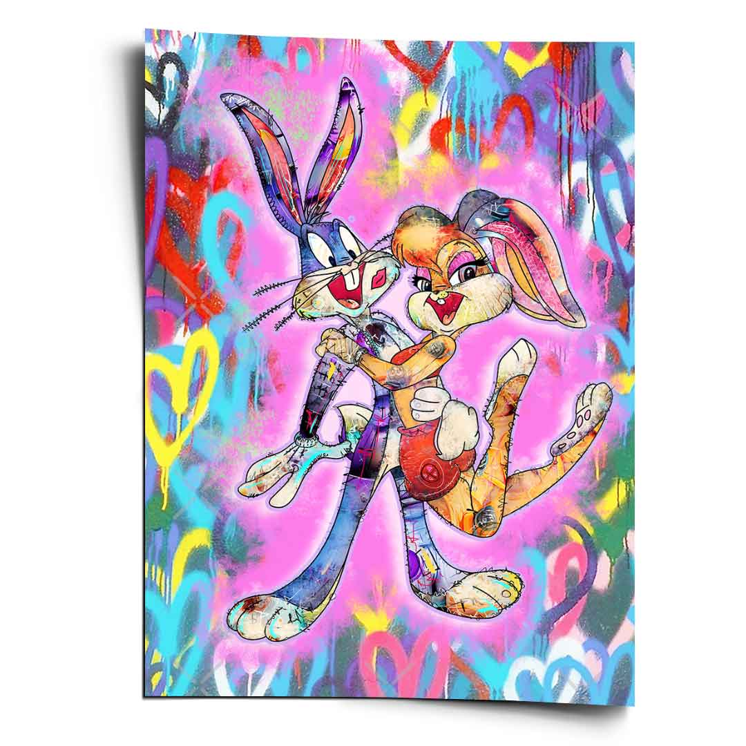 Lola Bunny and Bugs Bunny embrace in neon graffiti street art style
