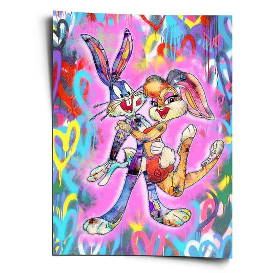 Lola Bunny and Bugs Bunny embrace in neon graffiti street art style