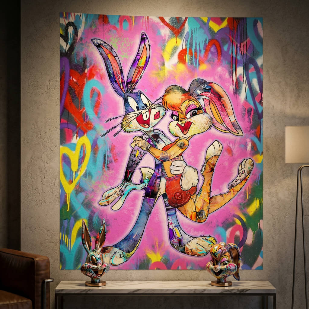 Colorful graffiti hearts and drips with neon blue, yellow, and purple accents