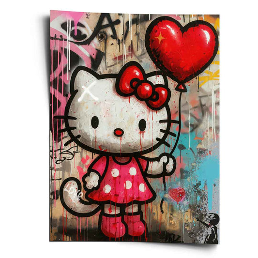 Hello Kitty-inspired character holding a red heart balloon against a graffiti-covered wall in pink tones.