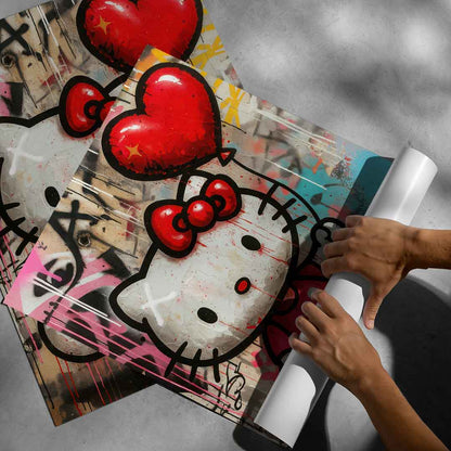 Whimsical yet edgy wall art showing a playful character in a colorful urban scene.