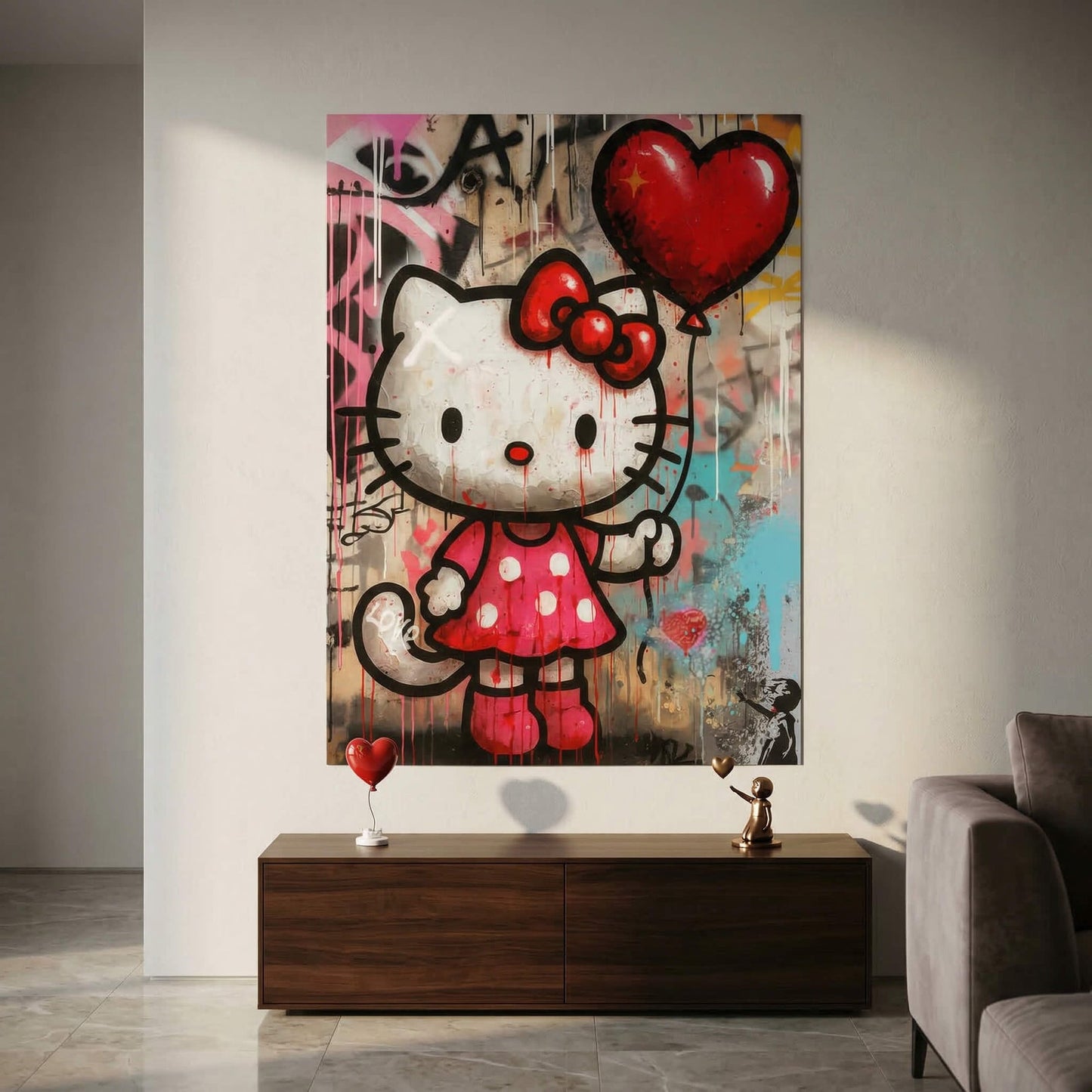 Stylized urban art Hello Kitty figure in a pink polka-dot dress amid drips and spray paint.