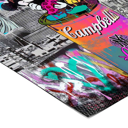 Urban, playful mood blends Warhol-inspired pop art with street graffiti in Love Soup wall art