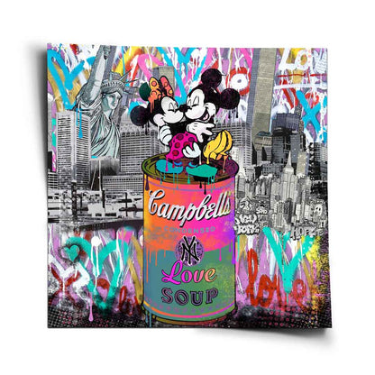 Love Soup poster showing Mickey and Minnie embracing on a colorful, drippy Campbell's soup can.