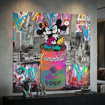 Bright neon pinks, blues, yellows, and oranges illuminate the Love Soup artwork featuring Campbell's soup can