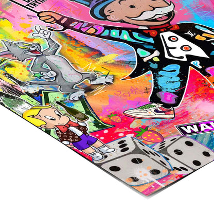 Dense graffiti palette with vivid pinks, purples, blues, and greens creating an energetic urban mood.