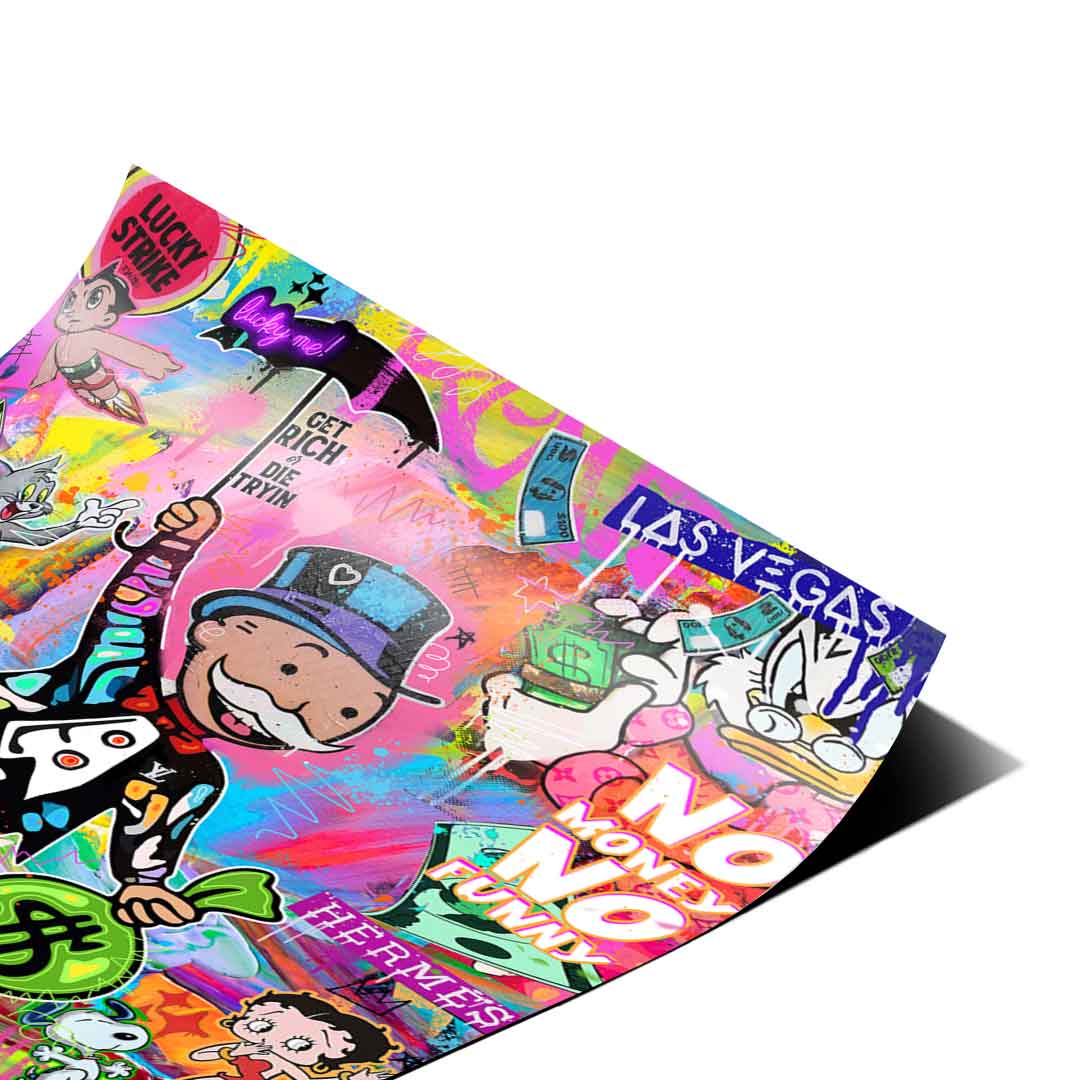 Luxury brand nods such as Louis Vuitton and Hermes embedded in the graffiti-rich composition.