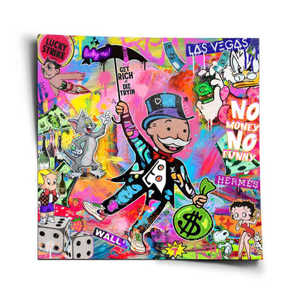 Central Monopoly Man in a stylized suit holding an umbrella and money bag in a vibrant pop art street graffiti scene.