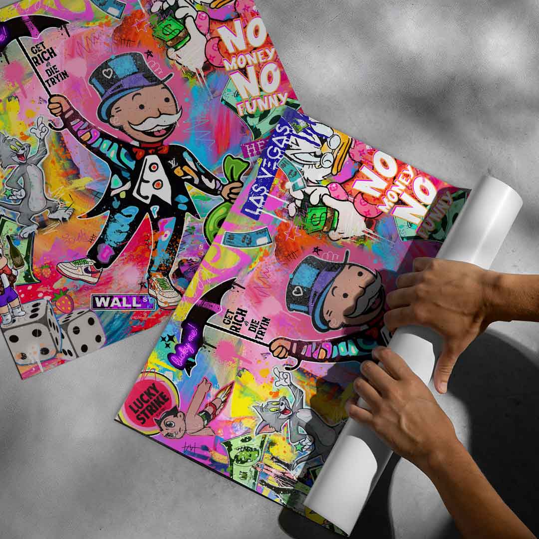 Bold text GET RICH OR DIE TRYIN' integrated into the artwork for a rebellious, contemporary look.