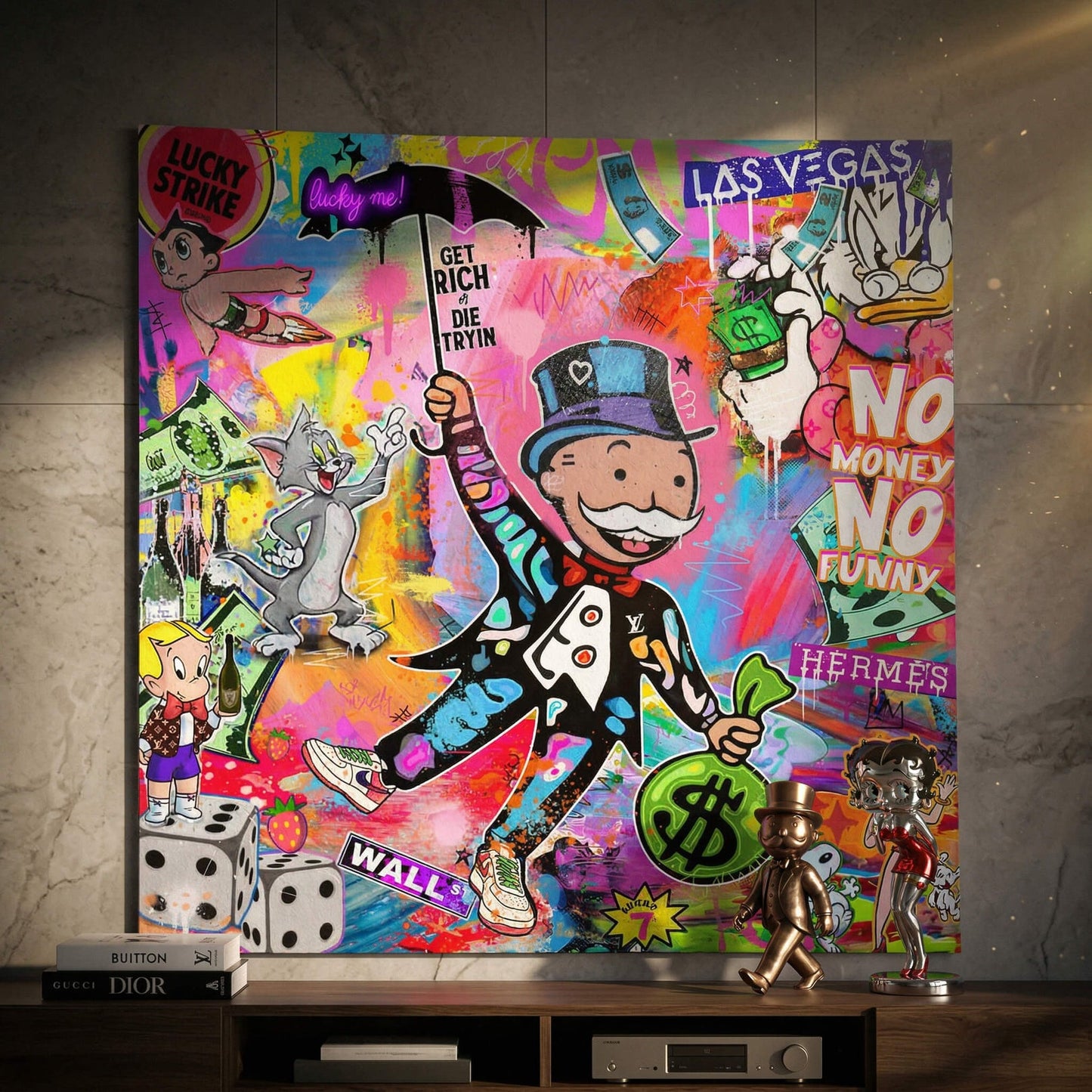 Pop art print featuring Astro Boy, Tom, Richie Rich, Donald Duck, Betty Boop, and Snoopy amid neon colors.