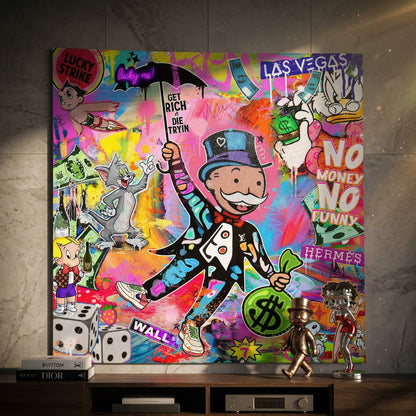 Pop art print featuring Astro Boy, Tom, Richie Rich, Donald Duck, Betty Boop, and Snoopy amid neon colors.