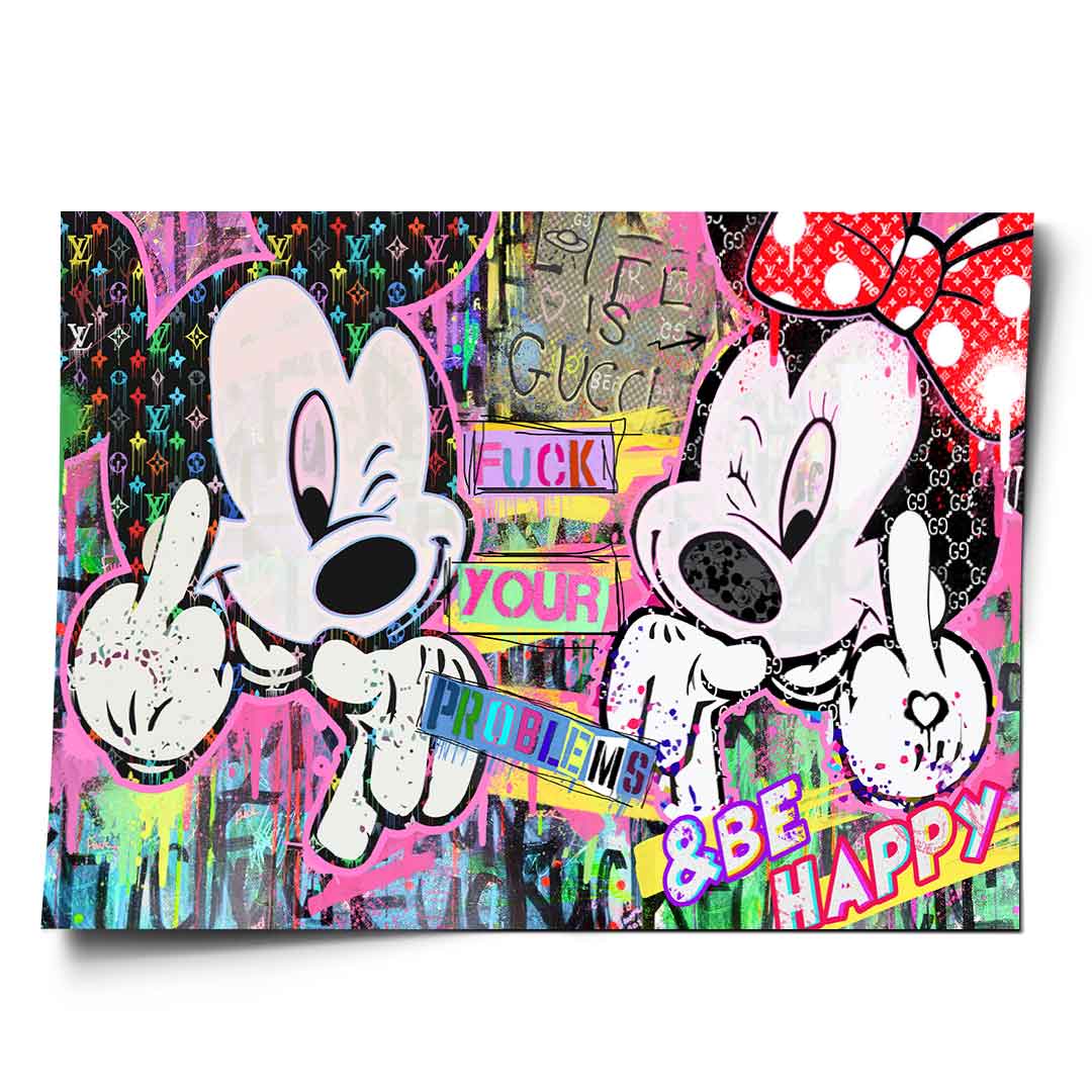 Vibrant neon pink, green, and yellow Pop Art poster featuring rebellious cartoon characters making a middle finger gesture against a graffiti backdrop.
