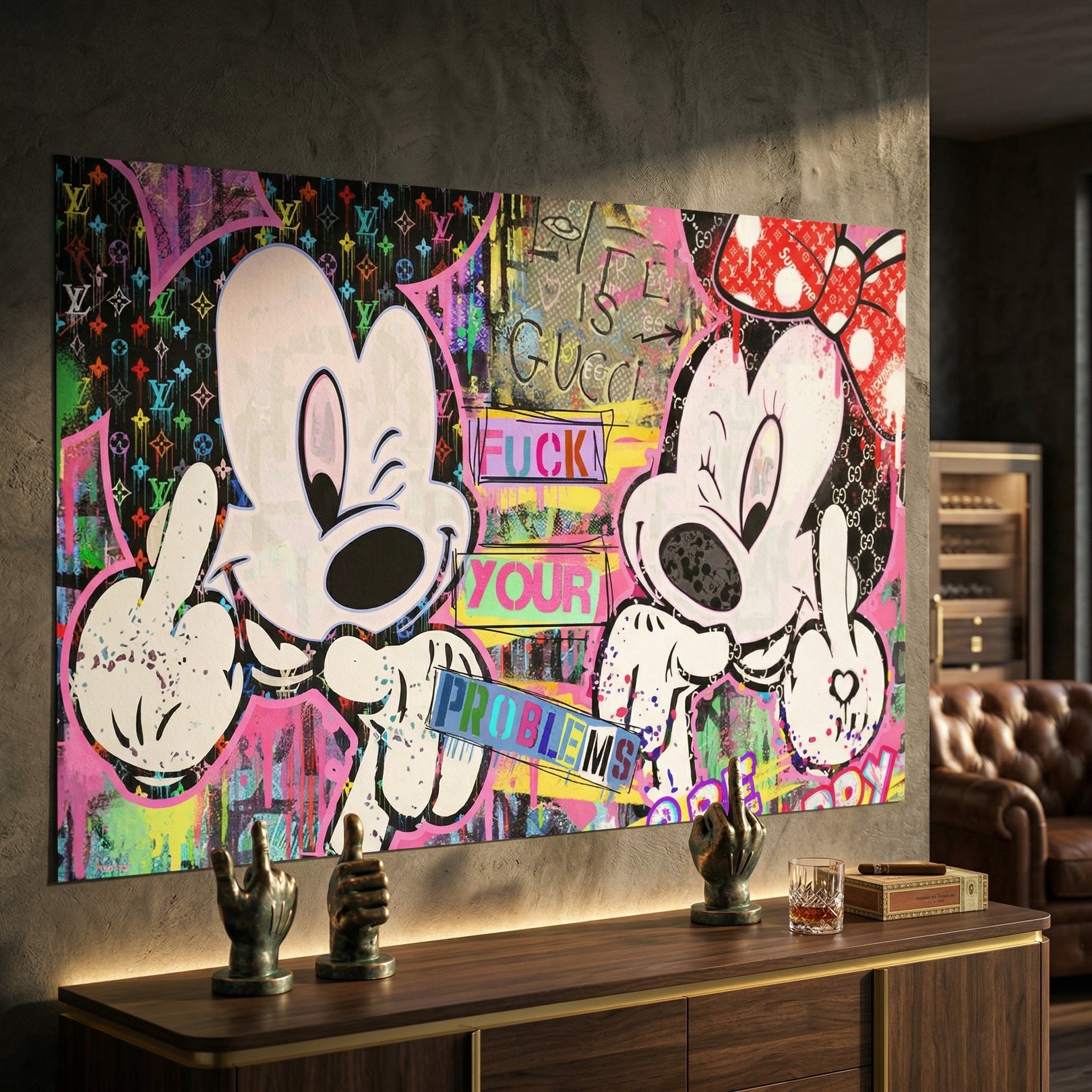 Bold street art style with graffiti tags and luxury-brand motifs incorporated into the composition.