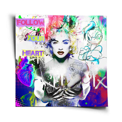 Grayscale Madonna portrait with red lips and blue eyeshadow in neon pop art style