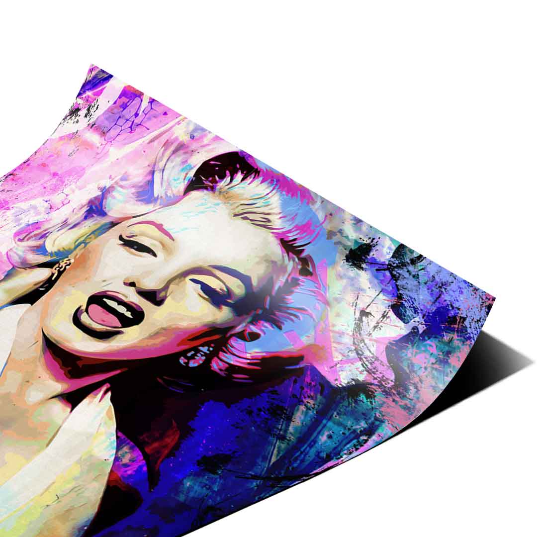 Urban graffiti-inspired backdrop with purple and sunny yellow accents behind Marilyn
