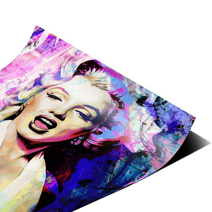 Urban graffiti-inspired backdrop with purple and sunny yellow accents behind Marilyn
