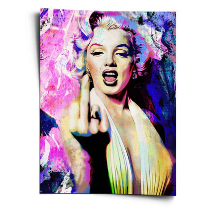 Pop art poster of Marilyn Monroe with a defiant gesture against a graffiti-colored background