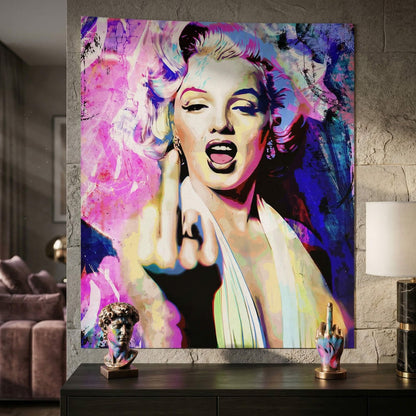 Close-up of bold fuchsia and electric blue tones in Marilyn portrait with painterly brushstrokes